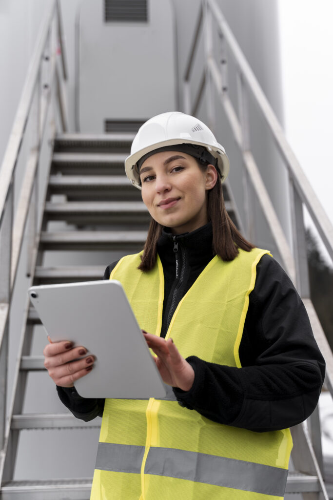 medium shot smiley engineer holding tablet